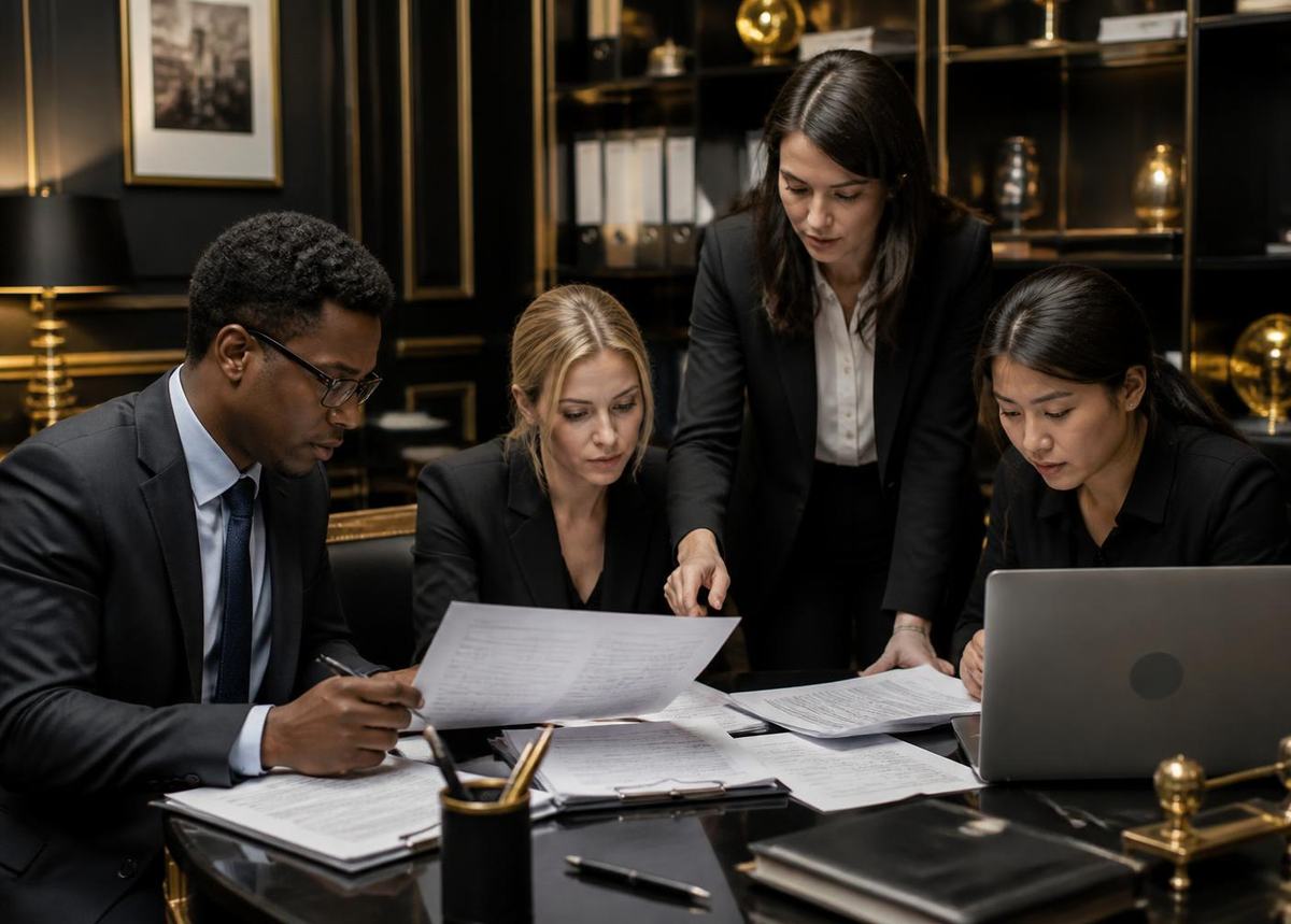 Administrative team reviewing client documentation together in an office