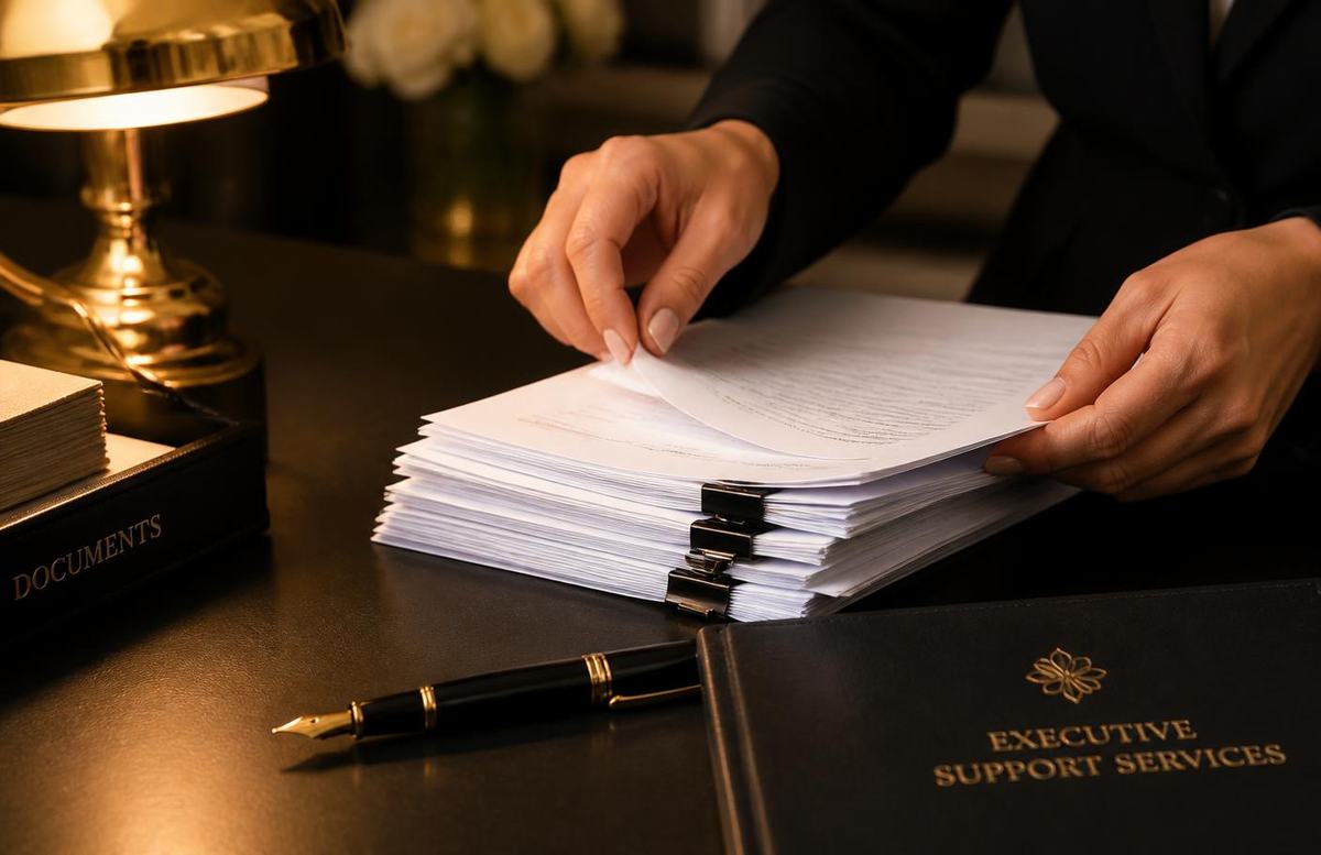 Hands organising a neatly collated set of prepared documents on a desk